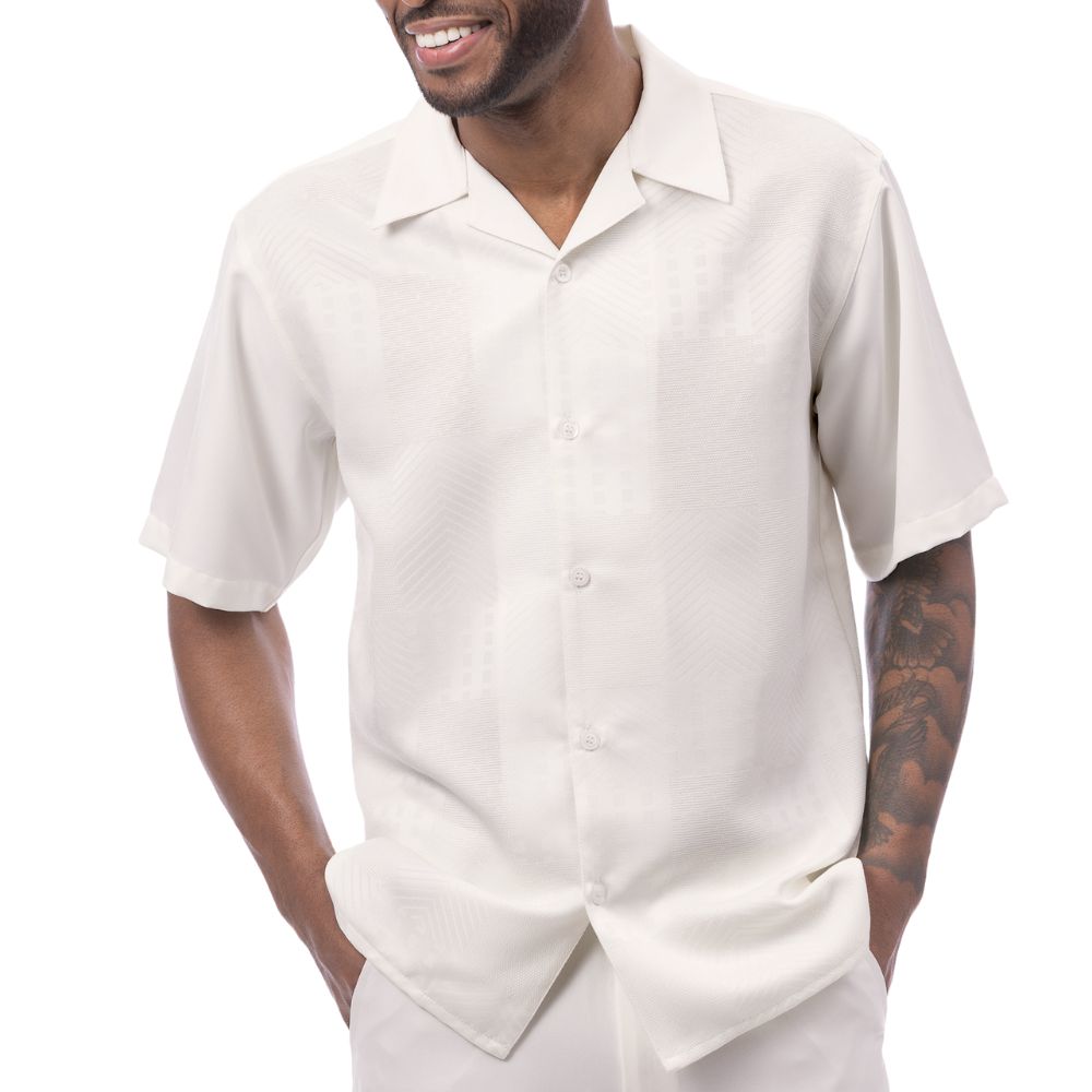 Cream polyester men's walking suit short sleeve shirt front view.