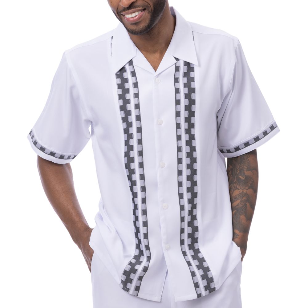 Front view of the white men's walking suit 2-piece set showing the shirt details.
