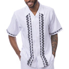 Front view of the white men's walking suit 2-piece set showing the shirt details.