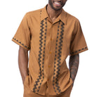 Front view of the cappuccino men's walking suit 2-piece set showing the shirt details. 