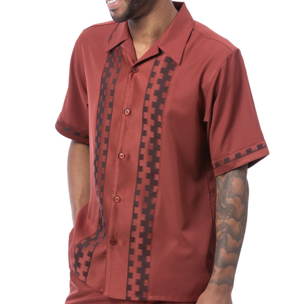 Front view of the cognac men's walking suit 2-piece set showing the shirt details.