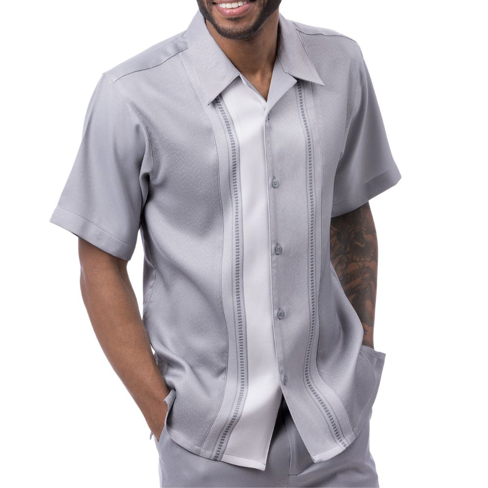 Front view of the grey short sleeve men's walking suit shirt.
