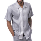 Front view of the grey short sleeve men's walking suit shirt.