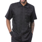 Front view of the black short sleeve men's walking suit shirt. 