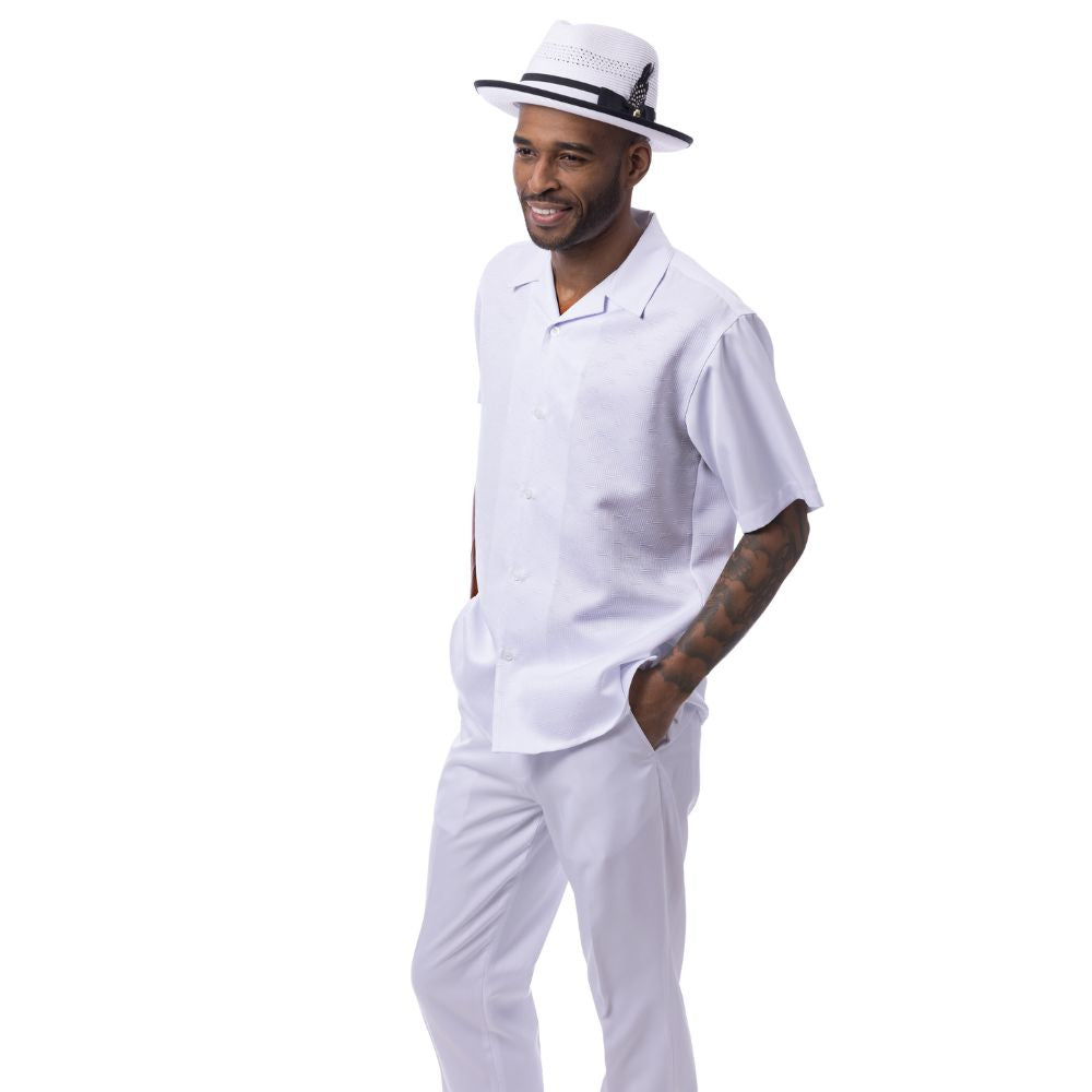 White 100% polyester men's walking suit short sleeve 2-piece set with geometric textured shirt and matching pants.