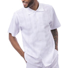 Front view of the white short sleeve men's walking suit shirt.