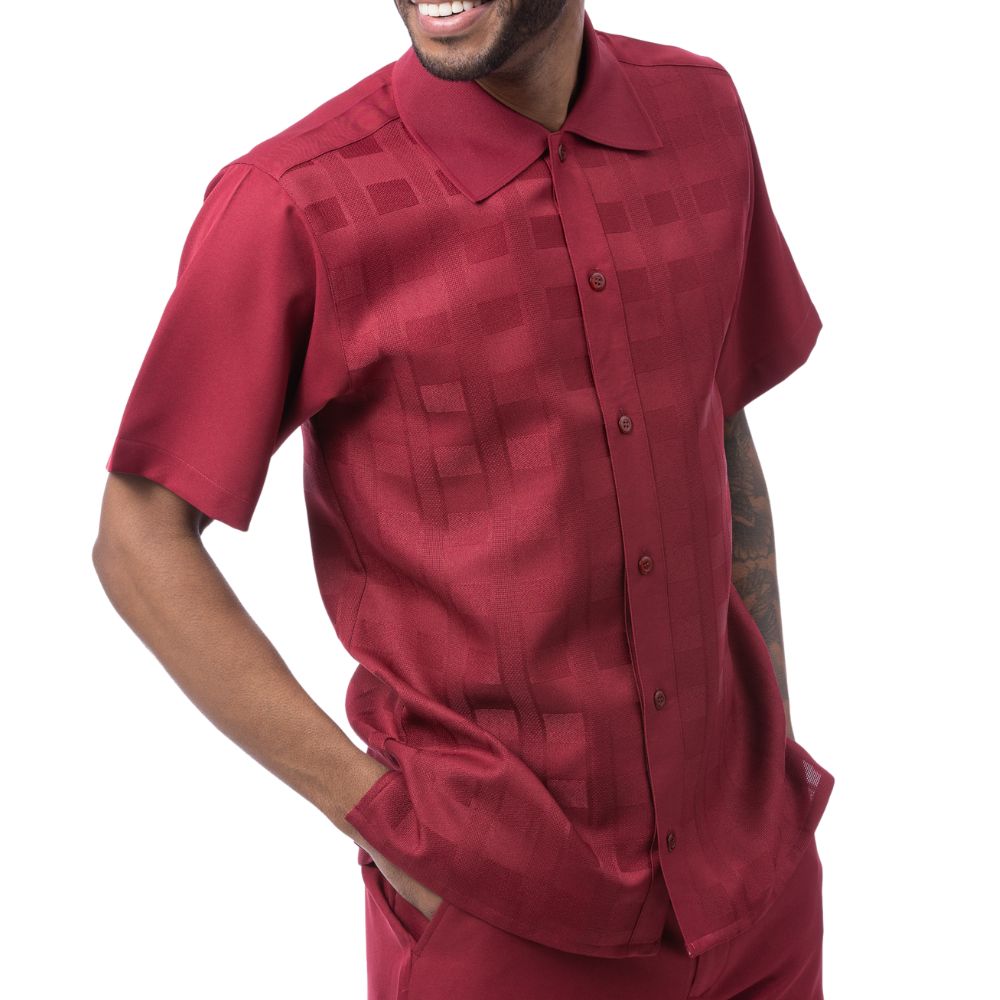 Front view of the burgundy short sleeve men's walking suit shirt. 