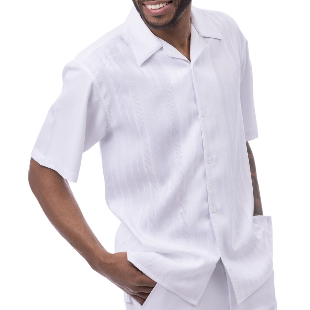 White cable knit men's walking suit 2-piece set front view on model