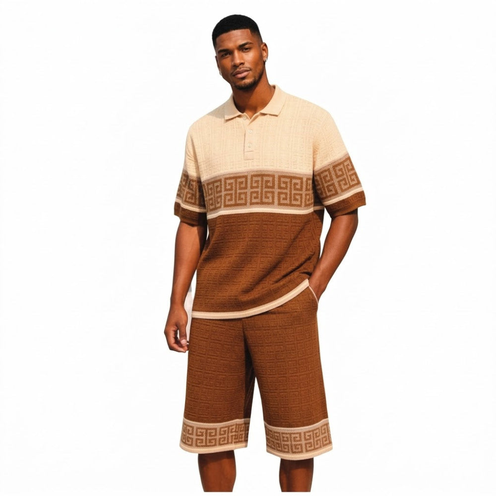 Tan Greek Key Knit Polo and Shorts Set by Stacy Adams – Suits & More