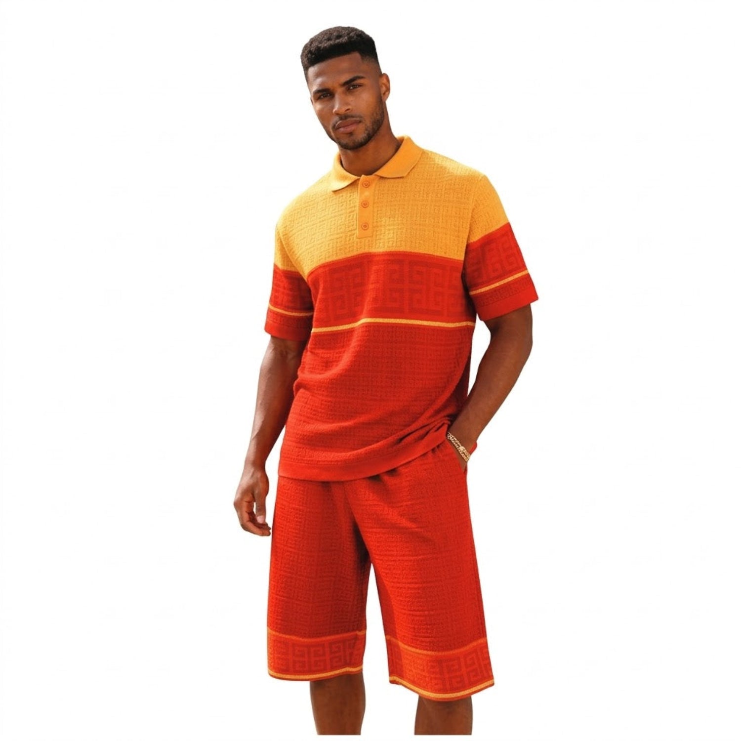 gold greek key knit polo and shorts set by stacy adams