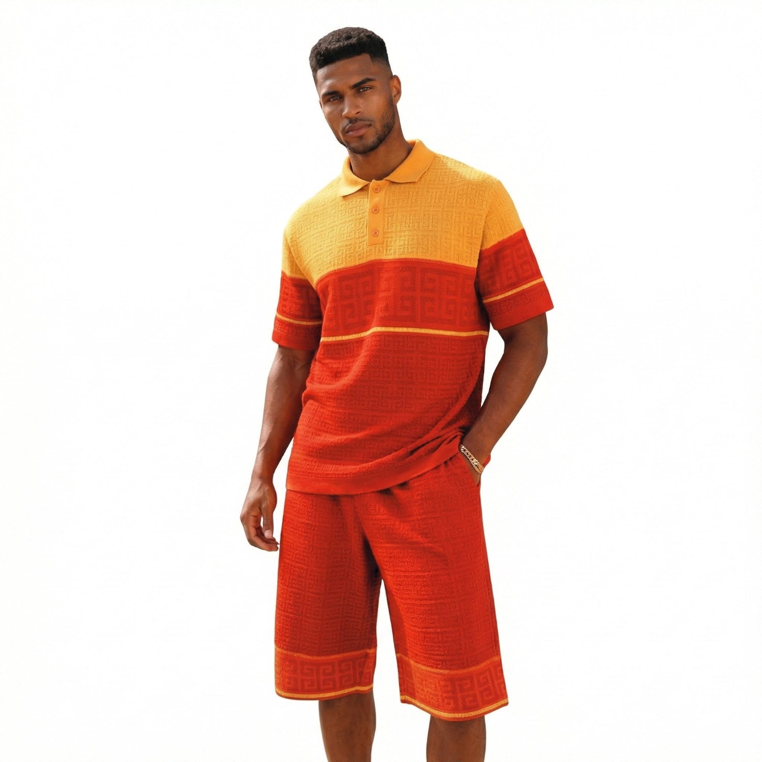 gold greek key knit polo and shorts set by stacy adams