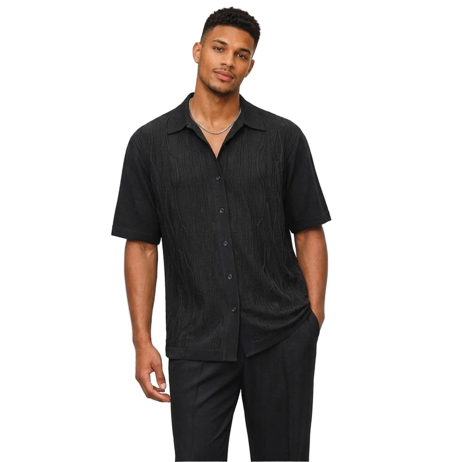 Black geometric knit short sleeve walking suit set front view