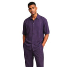 purple geometric knit short sleeve walking suit set front view