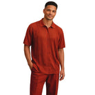 red geometric knit short sleeve walking suit set front view