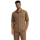 taupe geometric knit short sleeve walking suit set front view