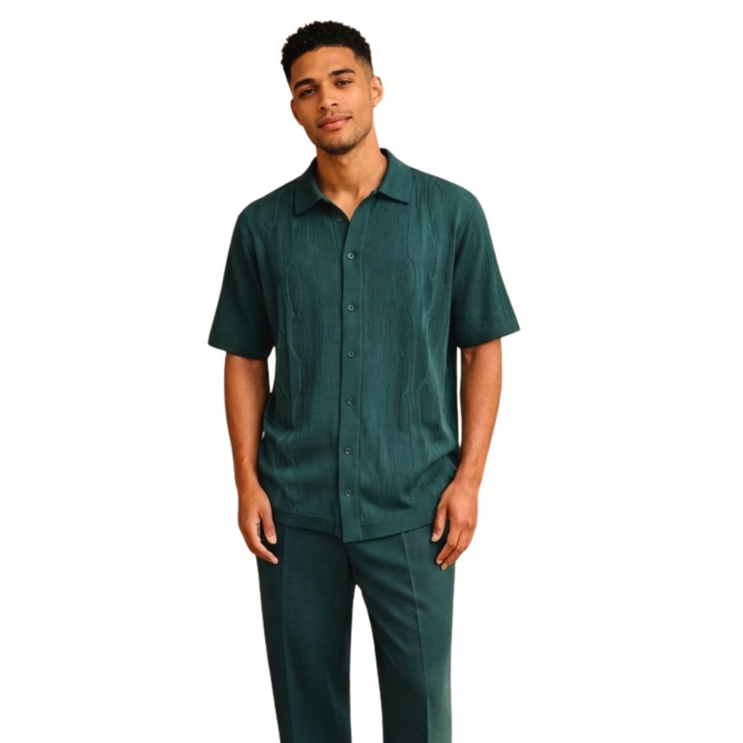 teal geometric knit short sleeve walking suit set front view