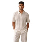 white geometric knit short sleeve walking suit set front view