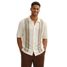 brown men's walking suit short sleeve 2-piece set with vertical textured knit pattern and matching pants.