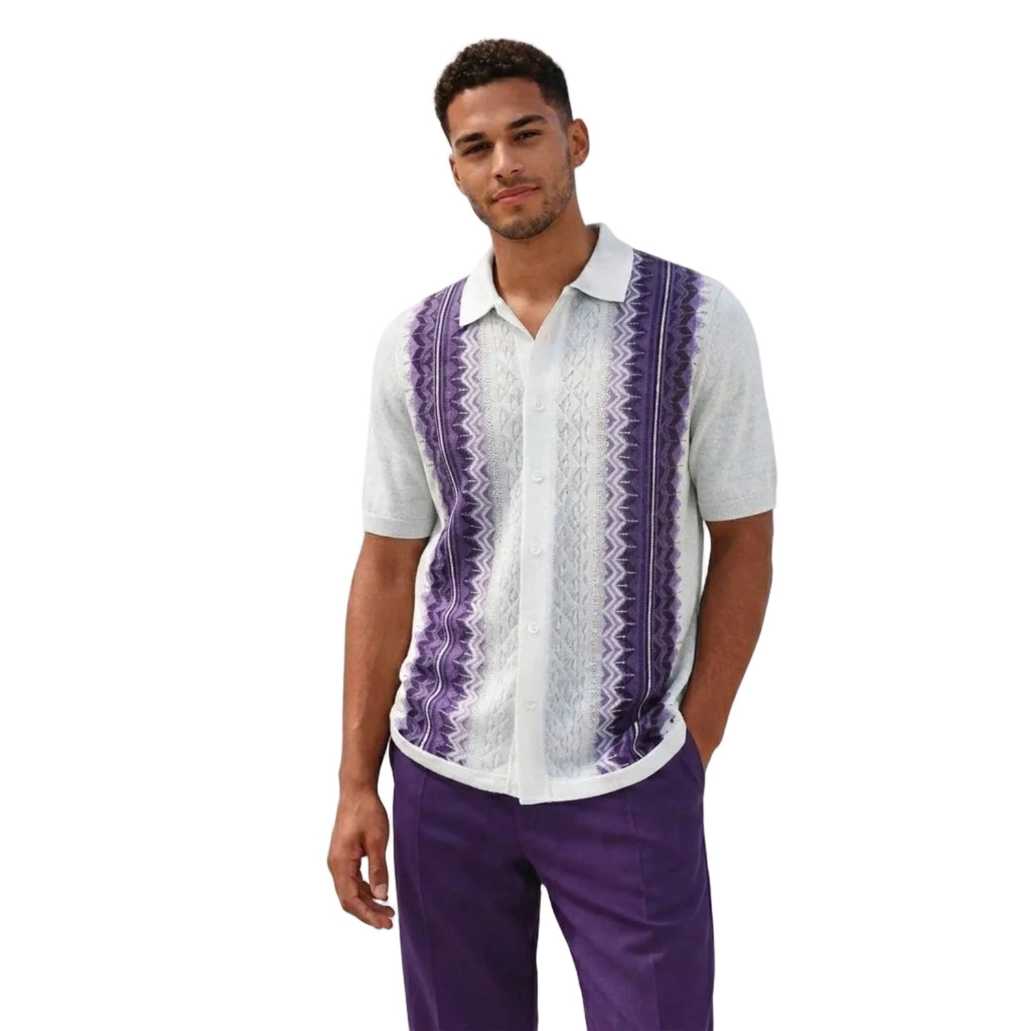 purple men's walking suit short sleeve 2-piece set with vertical textured knit pattern and matching pants.