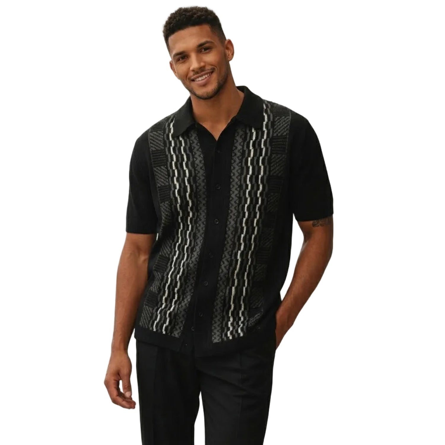 black geometric textured 2-piece walking suit set front view