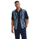 Navy men's walking suit short sleeve 2-piece set with geometric knit pattern and matching navy pants