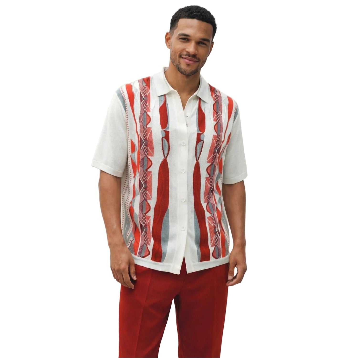 Red men's walking suit short sleeve 2-piece set with geometric knit pattern and matching pants