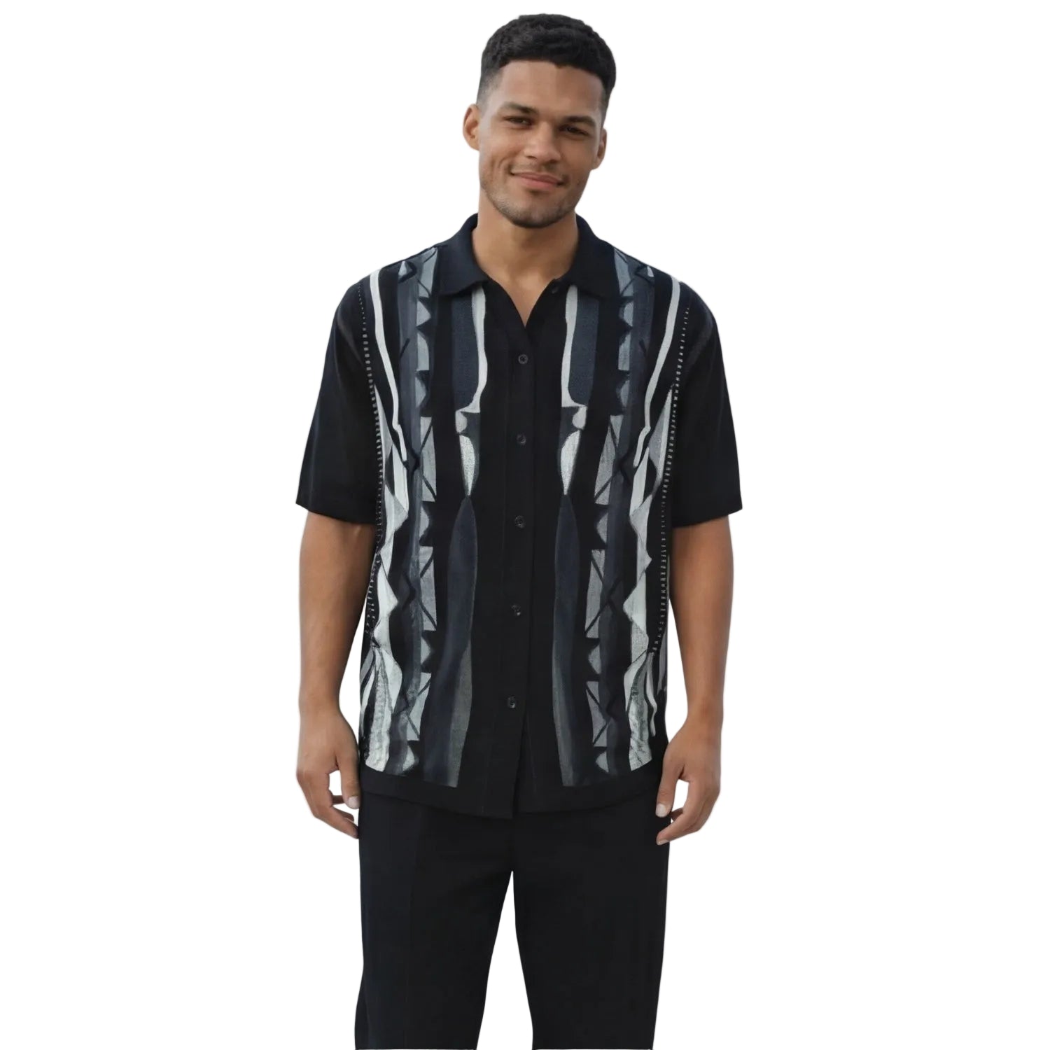Black men's walking suit short sleeve 2-piece set with geometric knit pattern and matching pants