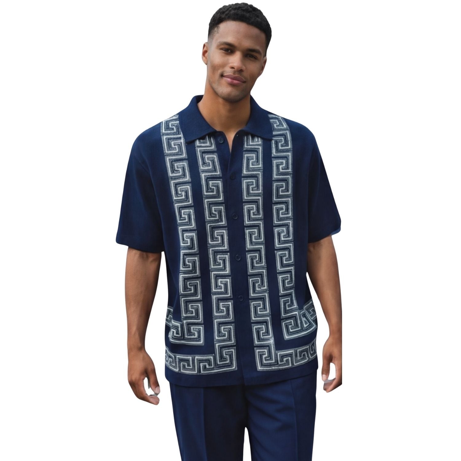 navy Greek key knit 2-piece walking suit set front view