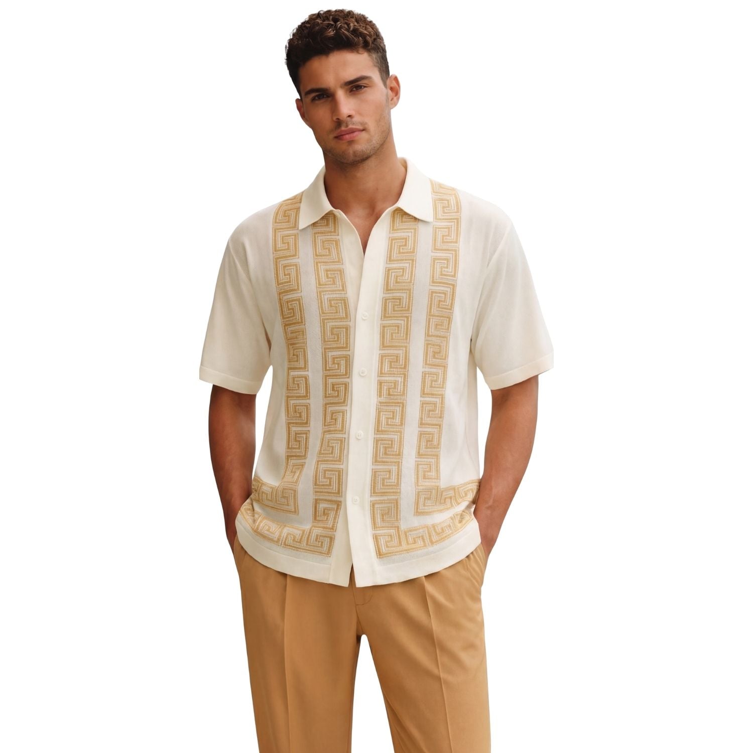 Tan Greek key knit 2-piece walking suit set front view