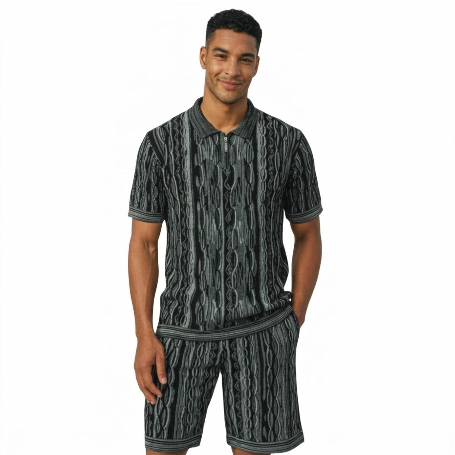 black textured knit 2-piece walking suit shorts set by Stacy Adams