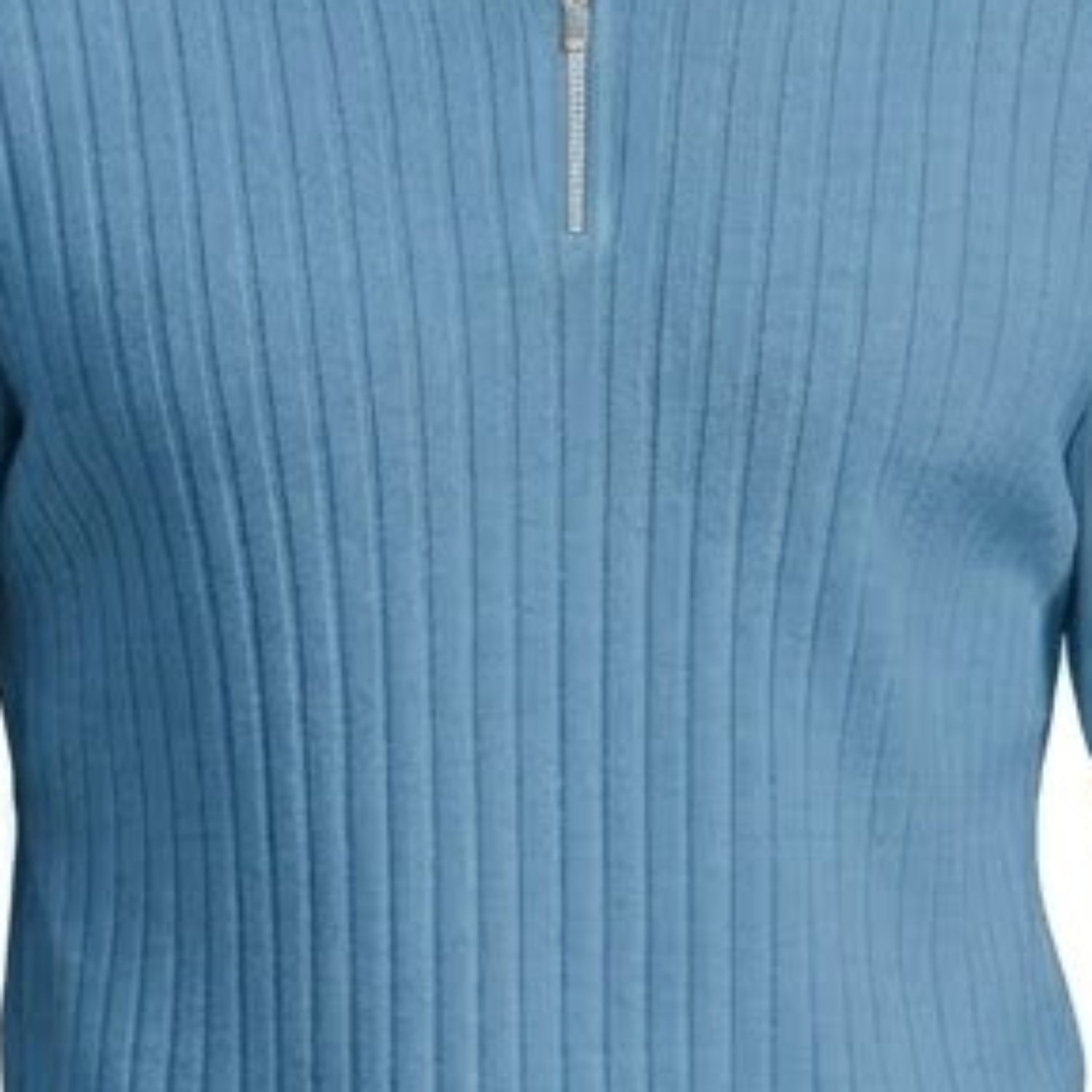 Close-up of the blue Stacy Adams knit polo showing the vertical textured pattern and quarter-zip hardware