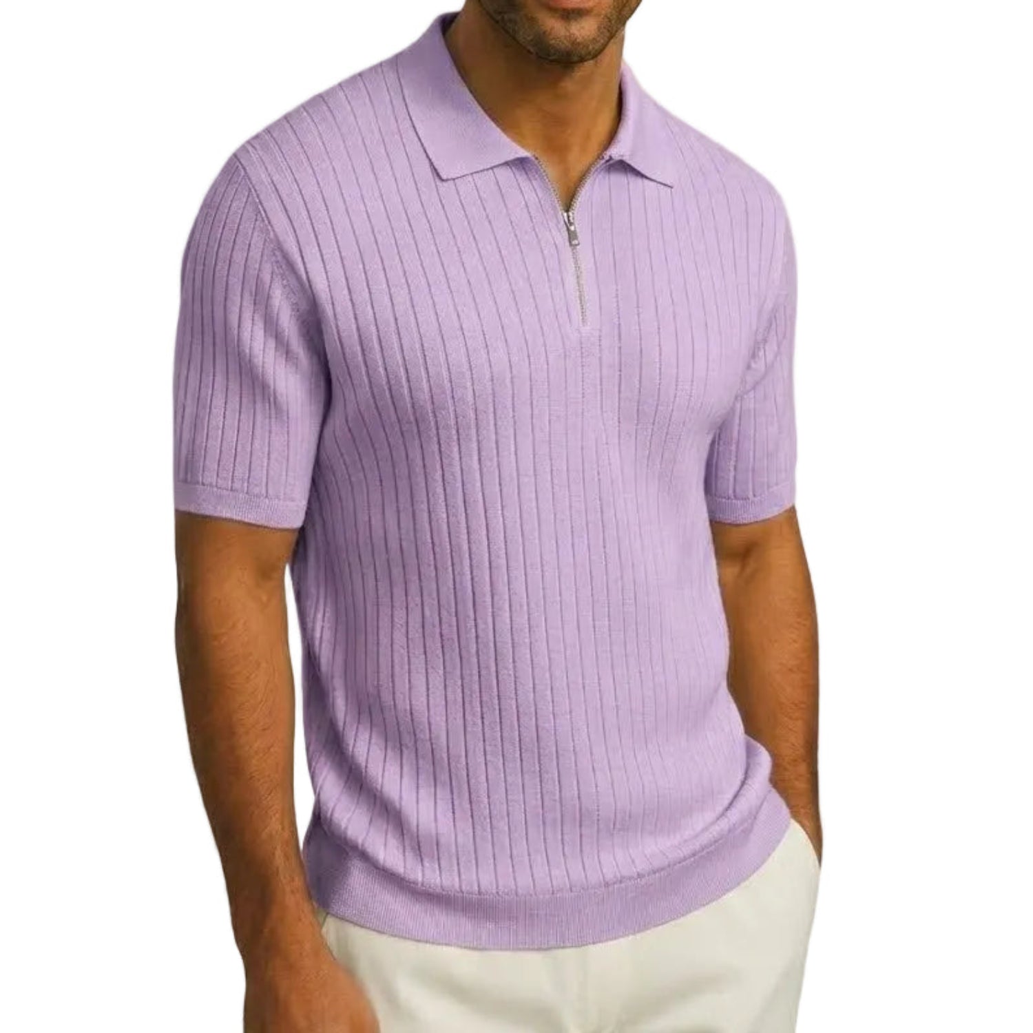 Lavender Stacy Adams men's short-sleeve knit polo shirt with vertical pattern and quarter-zip closure