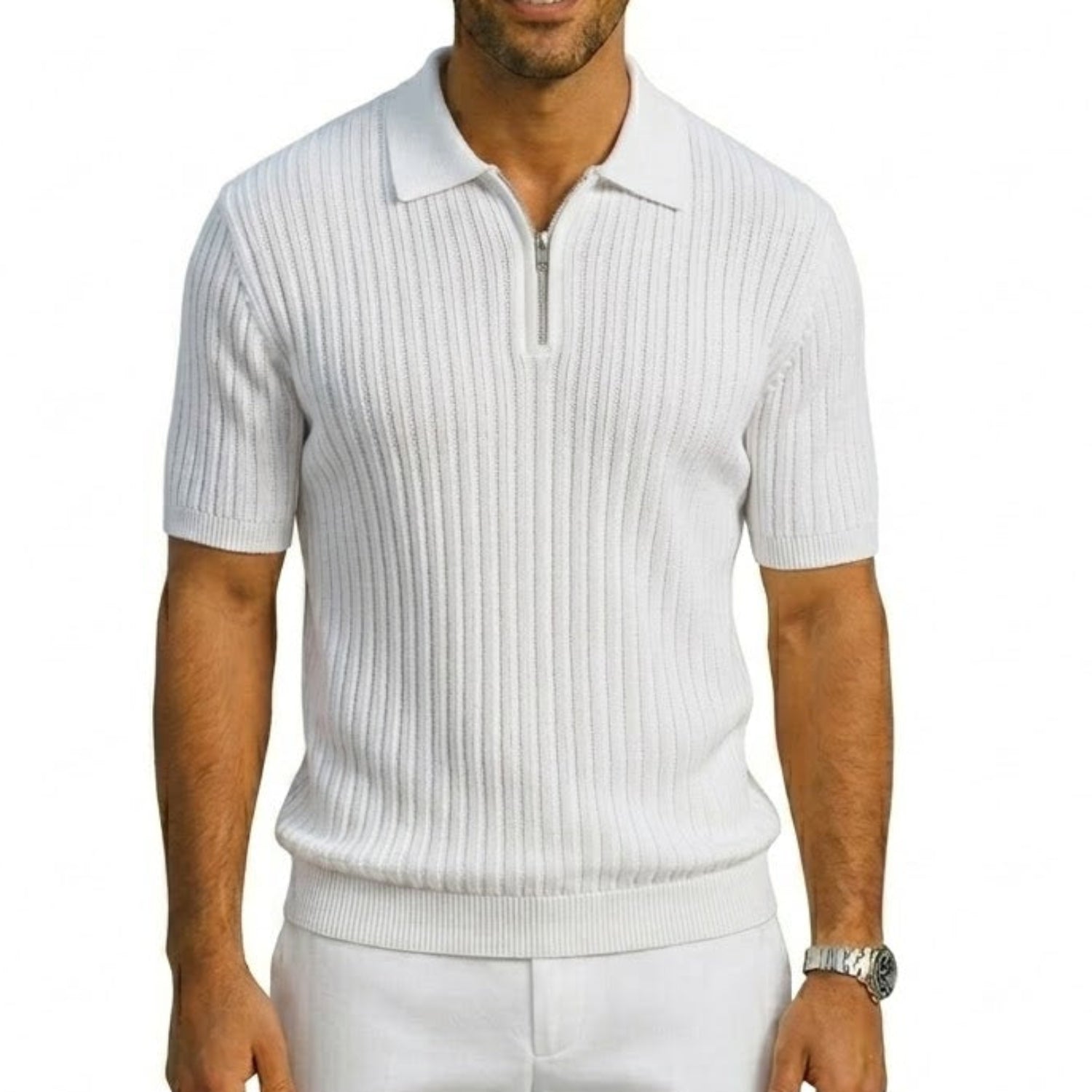 White Stacy Adams men's short-sleeve knit polo shirt with vertical pattern and quarter-zip closure