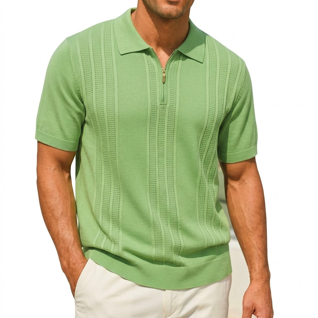 Sage green Stacy Adams men's short-sleeve knit polo shirt with vertical pattern and quarter-zip closure