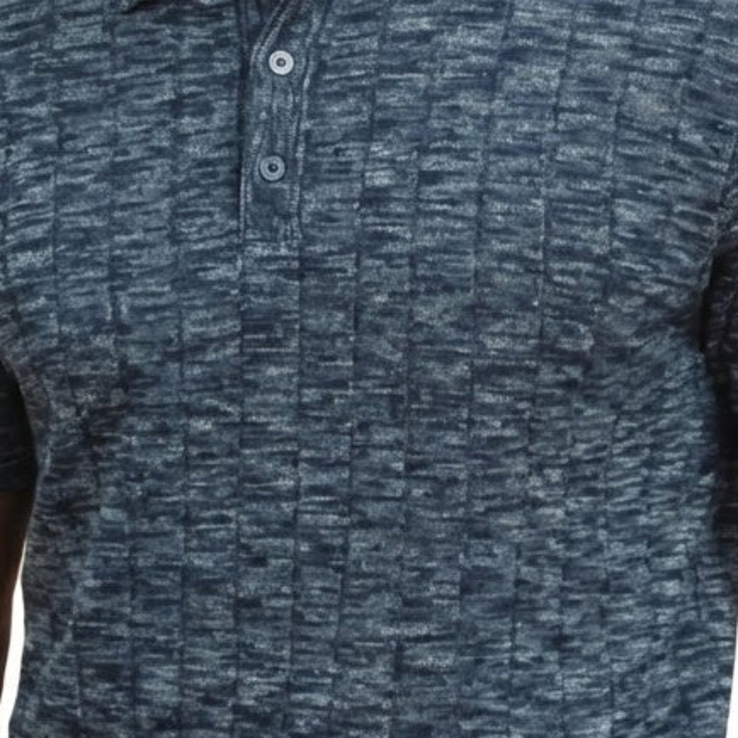 Close-up of the navy Stacy Adams polo shirt showing the intricate space-dyed knit texture and button placket