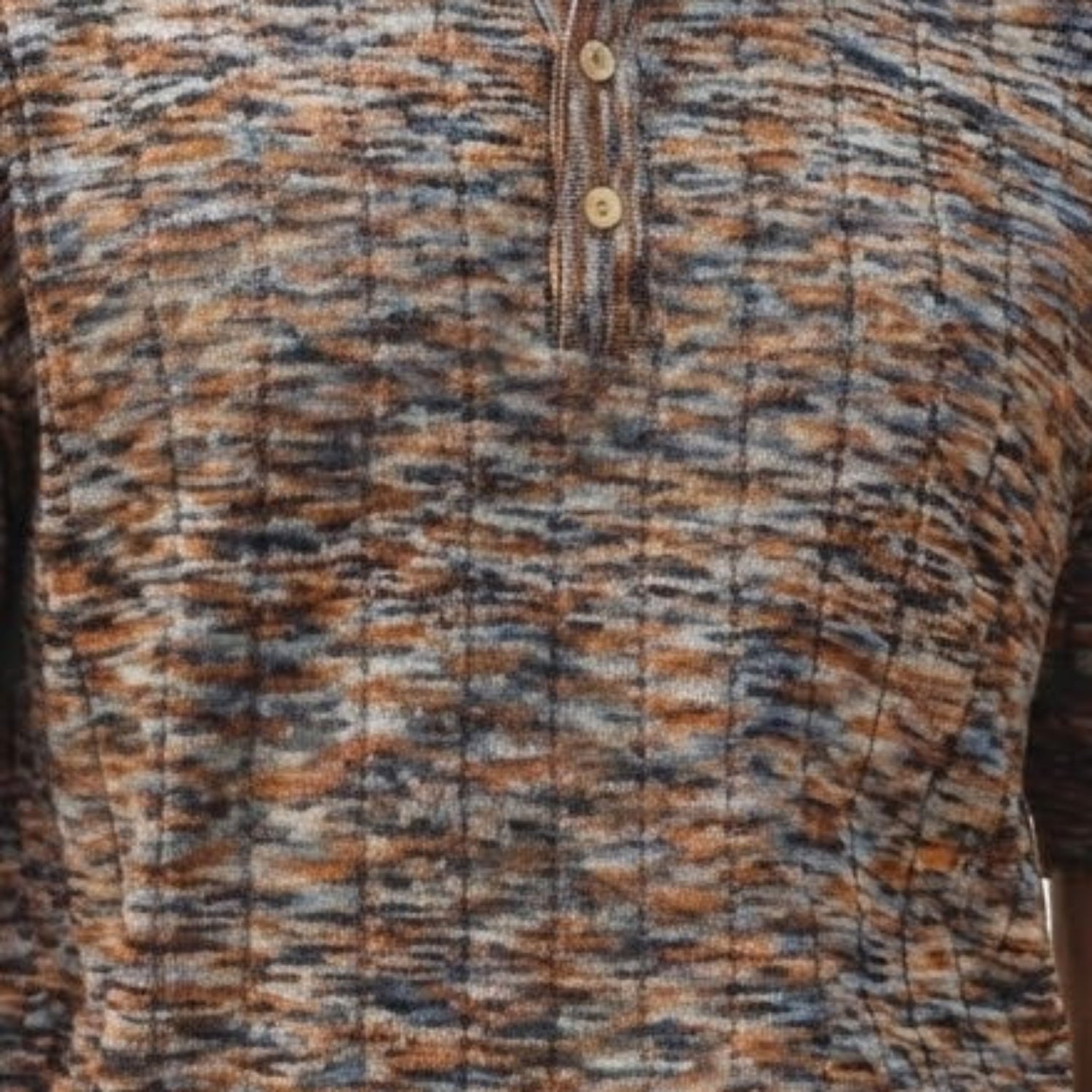 Close-up of the khaki Stacy Adams polo shirt showing the intricate space-dyed knit texture and button placket