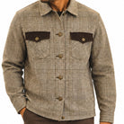 close-up of brown and tan glen plaid jacket with contrasting chest flap pockets by Stacy Adams