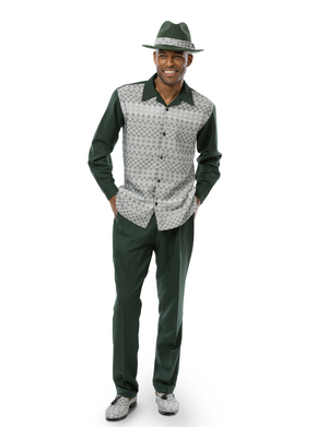 Serialized Collection: Montique Hunter Green Printed 2 Piece Long Sleeve Walking Suit Set 2357