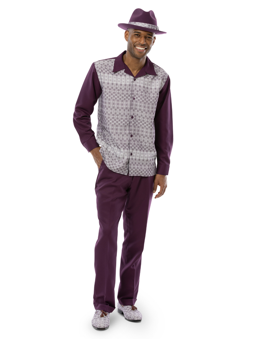Serialized Collection Montique plum printed 2-piece long sleeve walking suit set - Suits & More