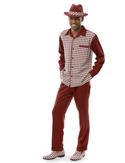 Calico Collection: Montique Checkered 2 Piece Long Sleeve Walking Suit Set In Brick