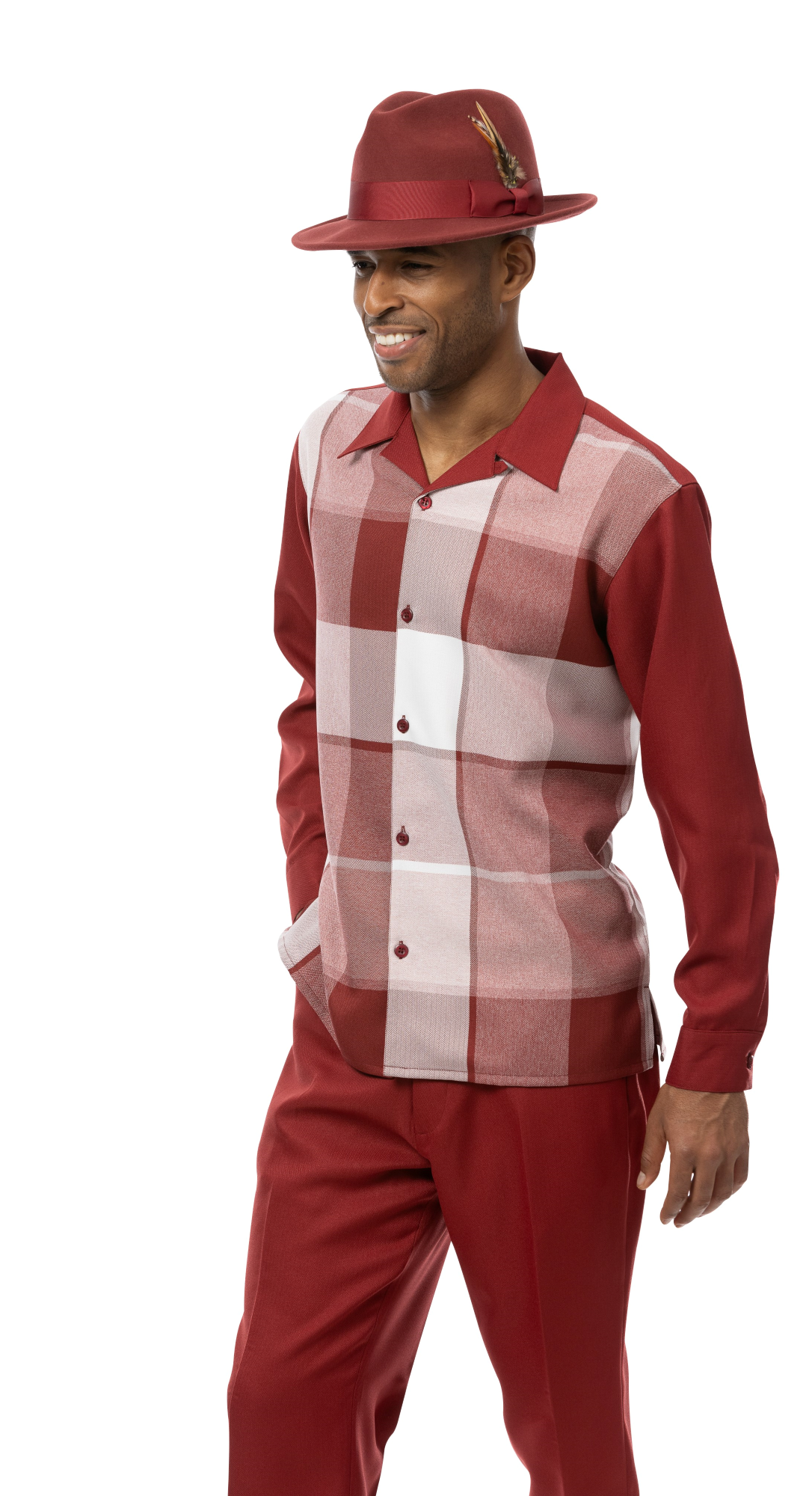 Montique burgundy windowpane long sleeve walking suit set