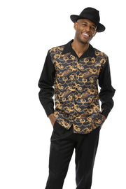 Bequeathal Collection: Black Print Design Walking Suit 2 Piece Long Sleeve Set 2374