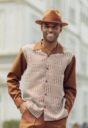 Poule Collection: Cognac Houndstooth 2 Piece Long Sleeve Walking Suit Set