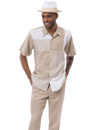 Tykes Collection: Houndstooth Color Block 2 Piece Walking Suit In Khaki - 2402