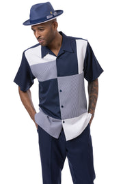 Tykes Collection: Houndstooth Color Block 2 Piece Walking Suit In Navy - 2402