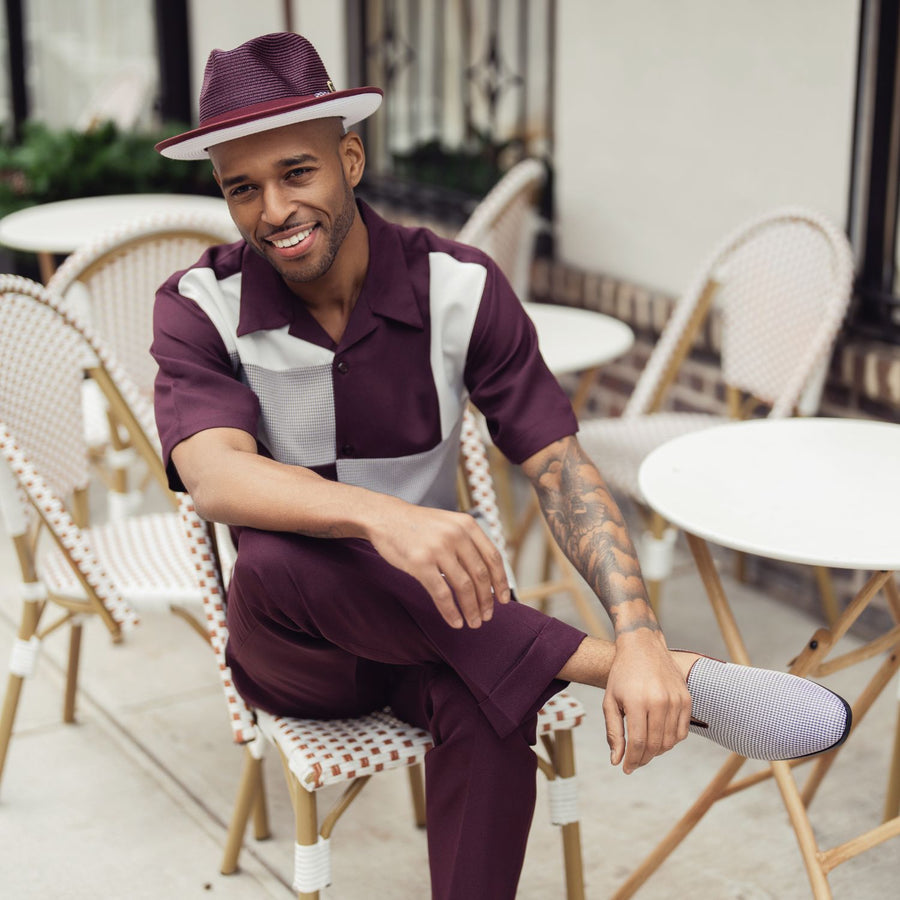 Tykes Collection houndstooth color block 2-piece walking suit in wine - Suits & More