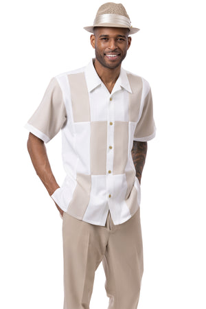 Coursers Collection: Color Block 2 Piece Houndstooth Walking Suit Set In Khaki - 2403