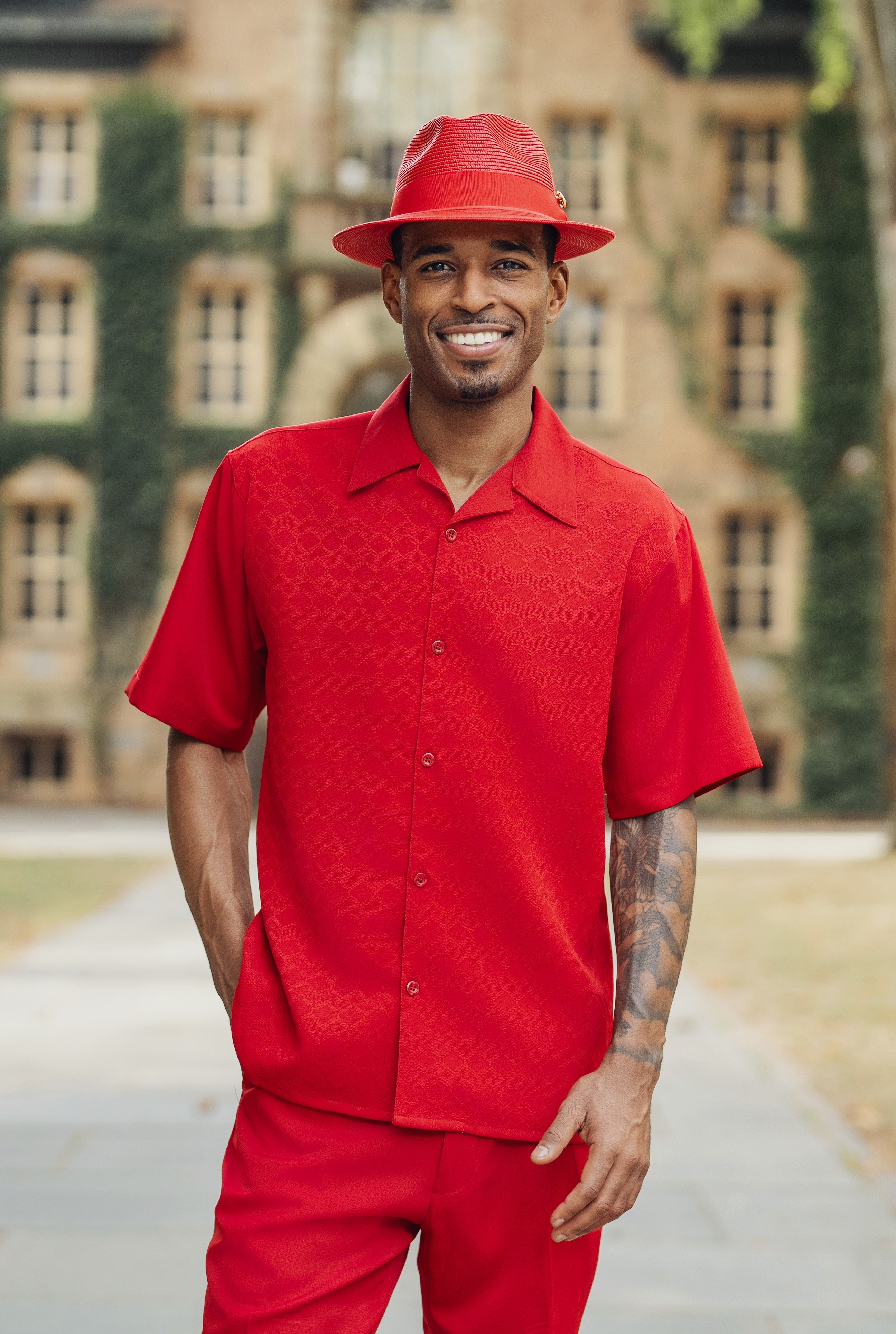 Men’s red tone on tone short sleeve walking suit with matching pants