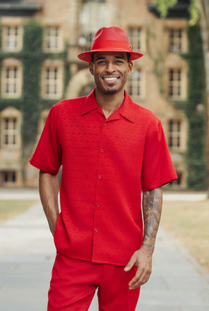 HueHarmony Collection: Montique Tone on Tone 2-Piece Walking Suit Set in Red -2408