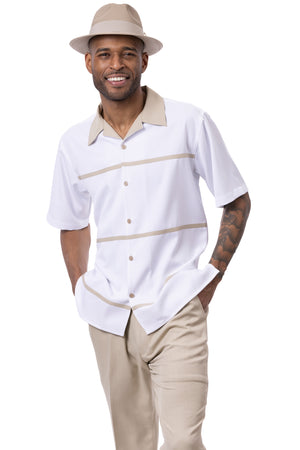 Edge Collection: Men's Horizontal Color Block Walking Suit Set In Khaki -2412
